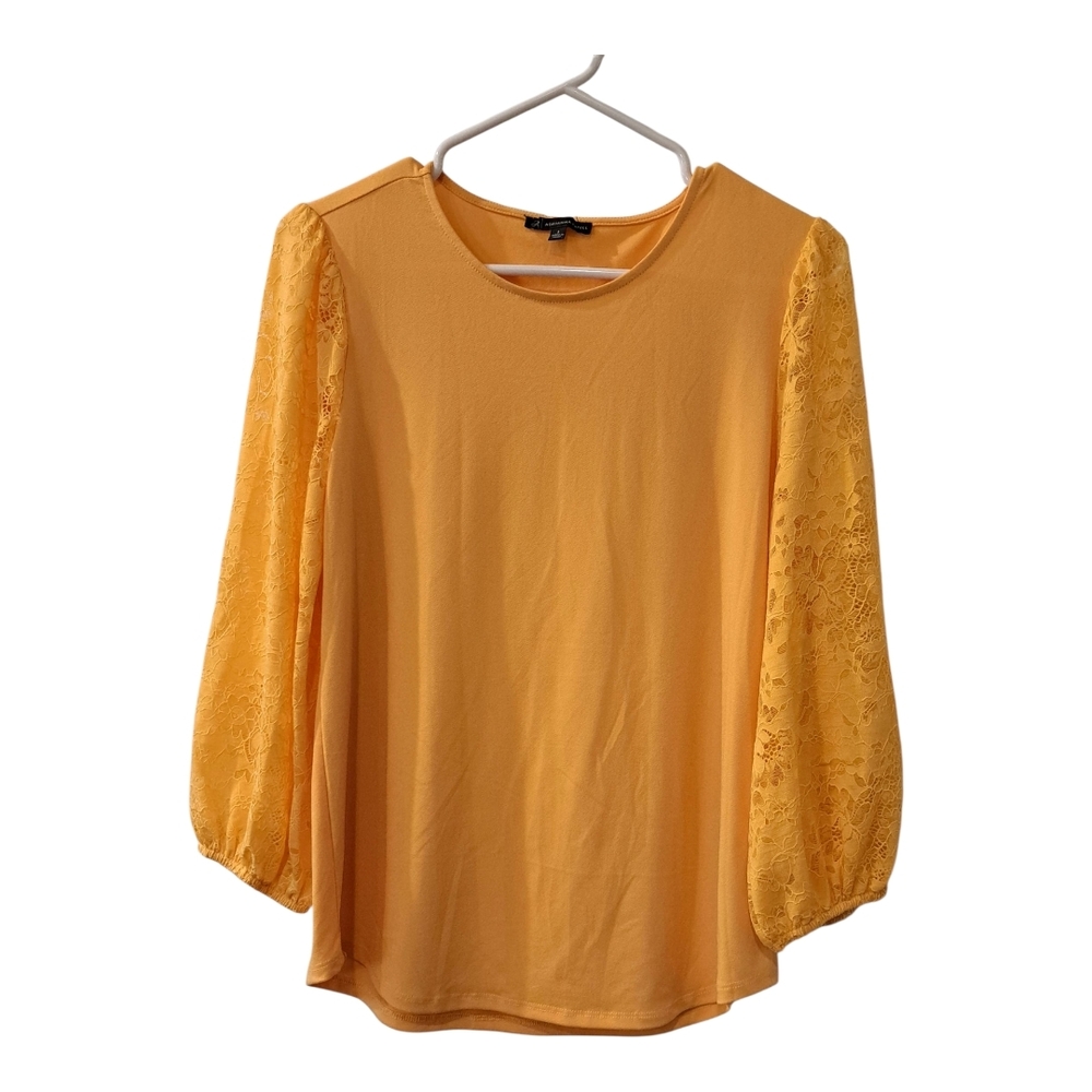Adrianna Papell yellow top blouse lace sleeves  size S